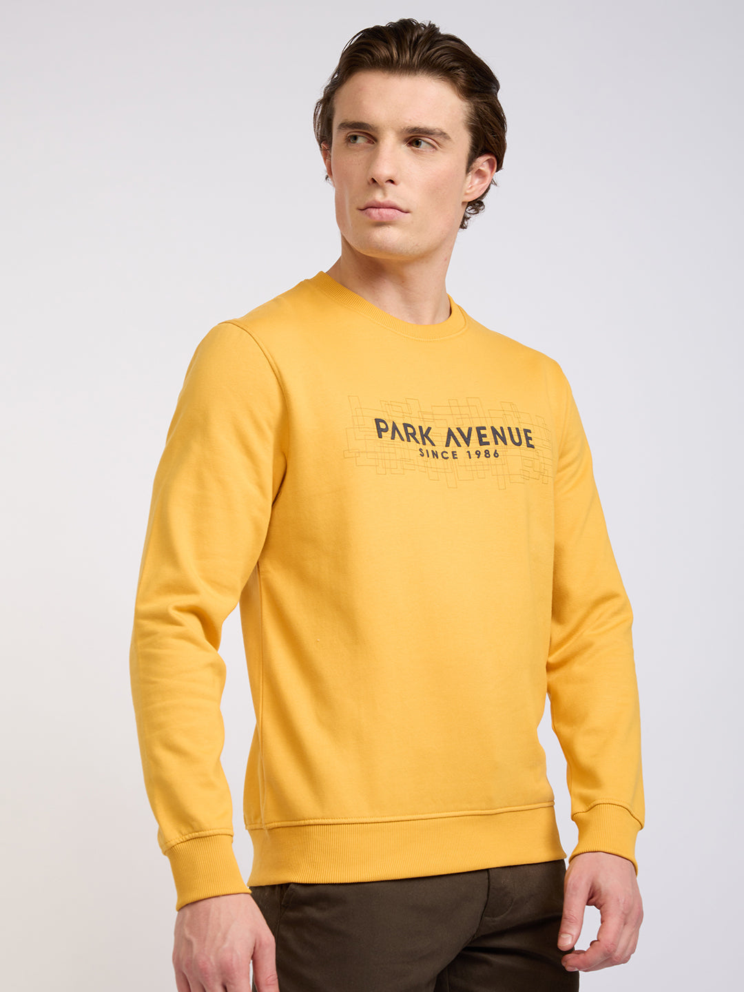 Park Avenue Men Yellow Printed Slim Fit Cotton Blend Round Neck Collar Sweatshirt