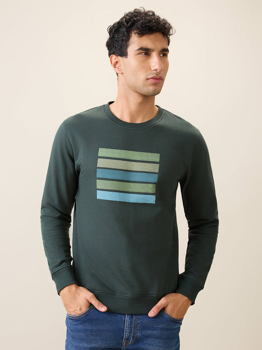 Park Avenue Men Green Printed Slim Fit Cotton Blend Round Neck Collar Sweatshirt