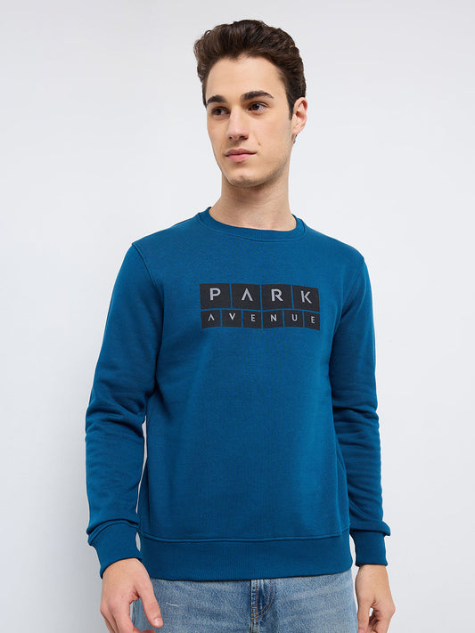 Park Avenue Men Blue Printed Slim Fit Cotton Blend Round Neck Collar Sweatshirt