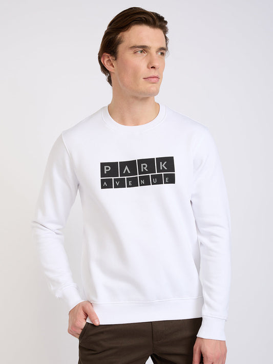 Park Avenue Men White Printed Slim Fit Cotton Blend Round Neck Collar Sweatshirt