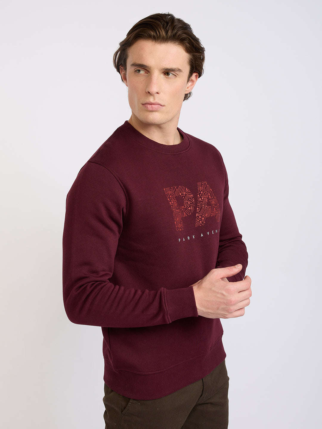 Park Avenue Men Maroon Printed Slim Fit Cotton Blend Sweatshirt