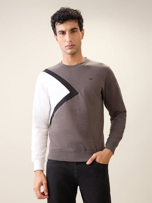 Park Avenue Men Black Cut & Sew Slim Fit Cotton Blend Crew Neck Collar Sweatshirt