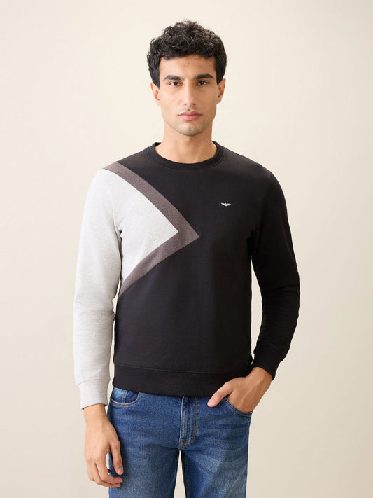 Park Avenue Men Black Cut & Sew Slim Fit Cotton Blend Crew Neck Collar Sweatshirt