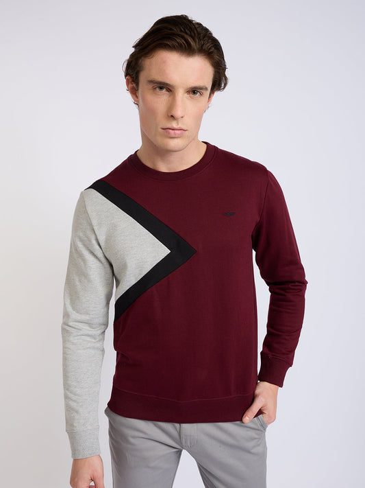 Park Avenue Men Red Cut & Sew Slim Fit Cotton Blend Crew Neck Collar Sweatshirt