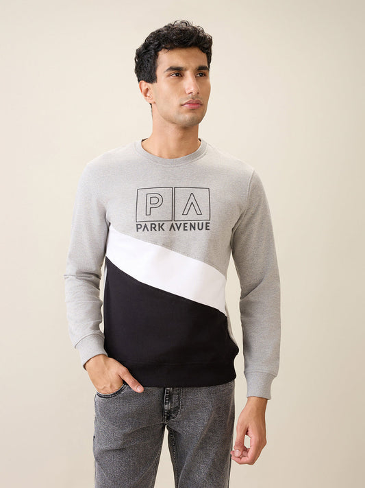 Park Avenue Men Grey Cut & Sew Slim Fit Cotton Blend Crew Neck Collar Sweatshirt