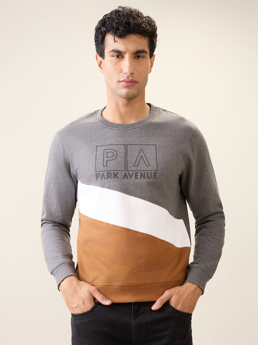 Park Avenue Men Black Cut & Sew Slim Fit Cotton Blend Crew Neck Collar Sweatshirt
