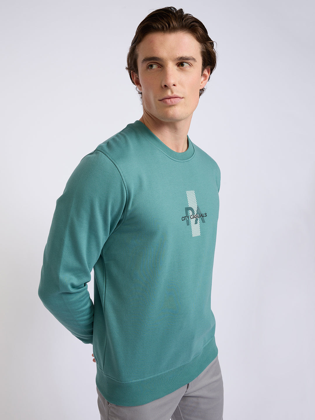 Park Avenue Men Green Printed Slim Fit Cotton Blend Round Neck Collar Sweatshirt