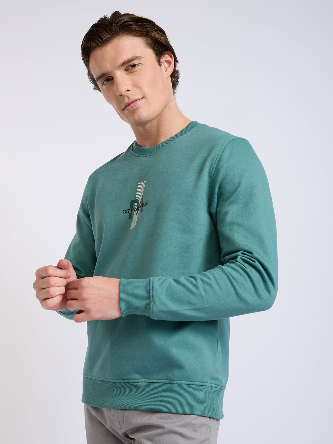 Park Avenue Men Green Printed Slim Fit Cotton Blend Round Neck Collar Sweatshirt