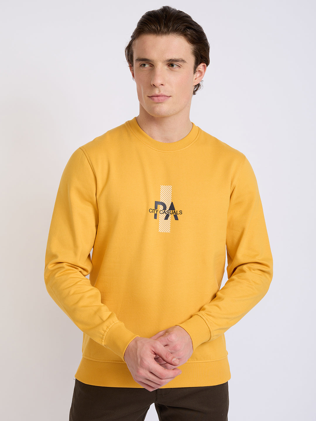 Park Avenue Men Yellow Printed Slim Fit Cotton Blend Round Neck Collar Sweatshirt
