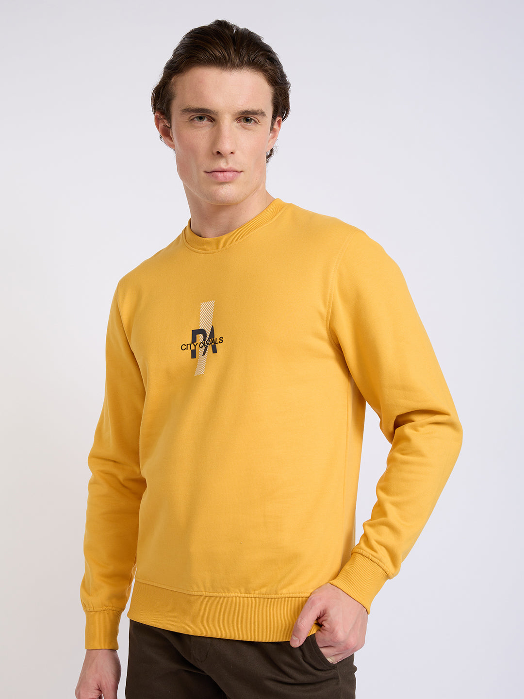 Park Avenue Men Yellow Printed Slim Fit Cotton Blend Round Neck Collar Sweatshirt