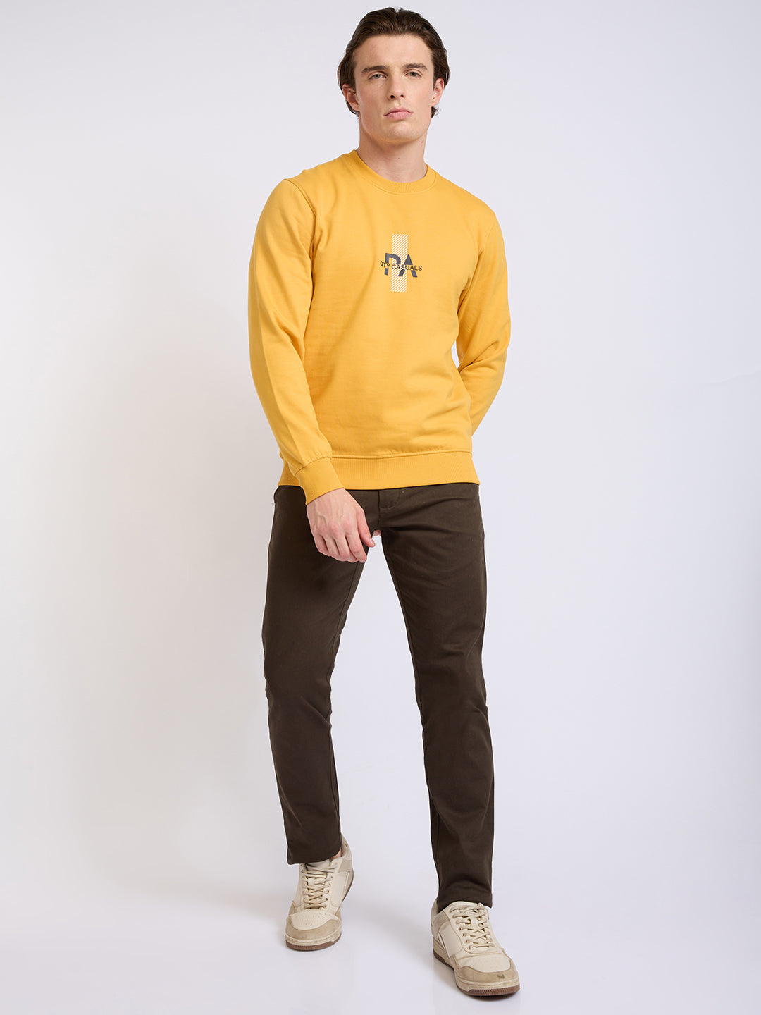 Park Avenue Men Yellow Printed Slim Fit Cotton Blend Round Neck Collar Sweatshirt