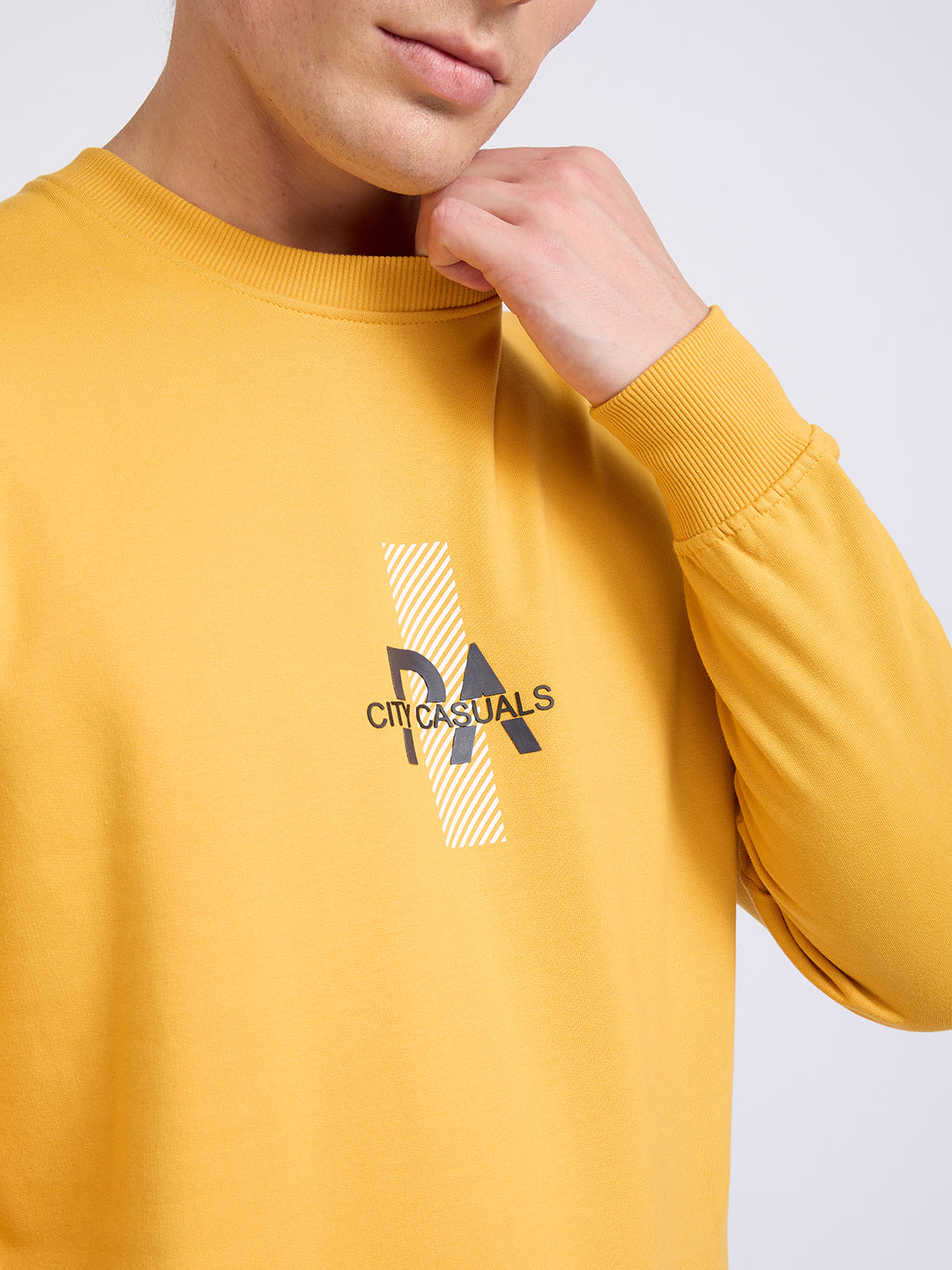 Park Avenue Men Yellow Printed Slim Fit Cotton Blend Round Neck Collar Sweatshirt