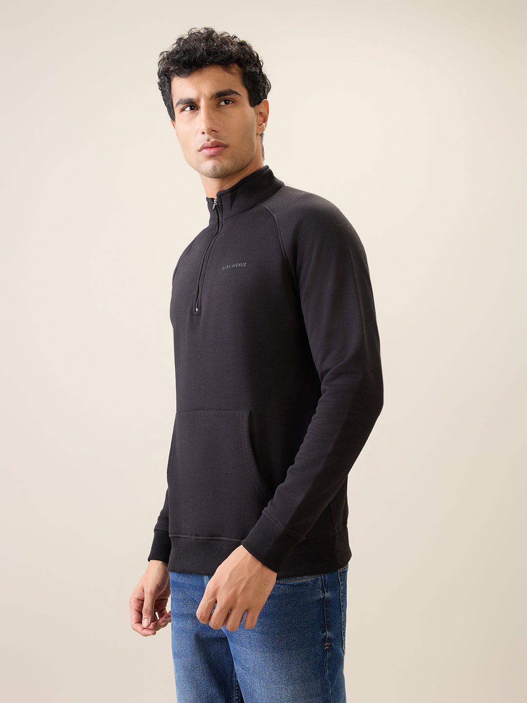Park Avenue Men Black Solid Slim Fit Cotton Blend Full Sleeve Sweatshirt
