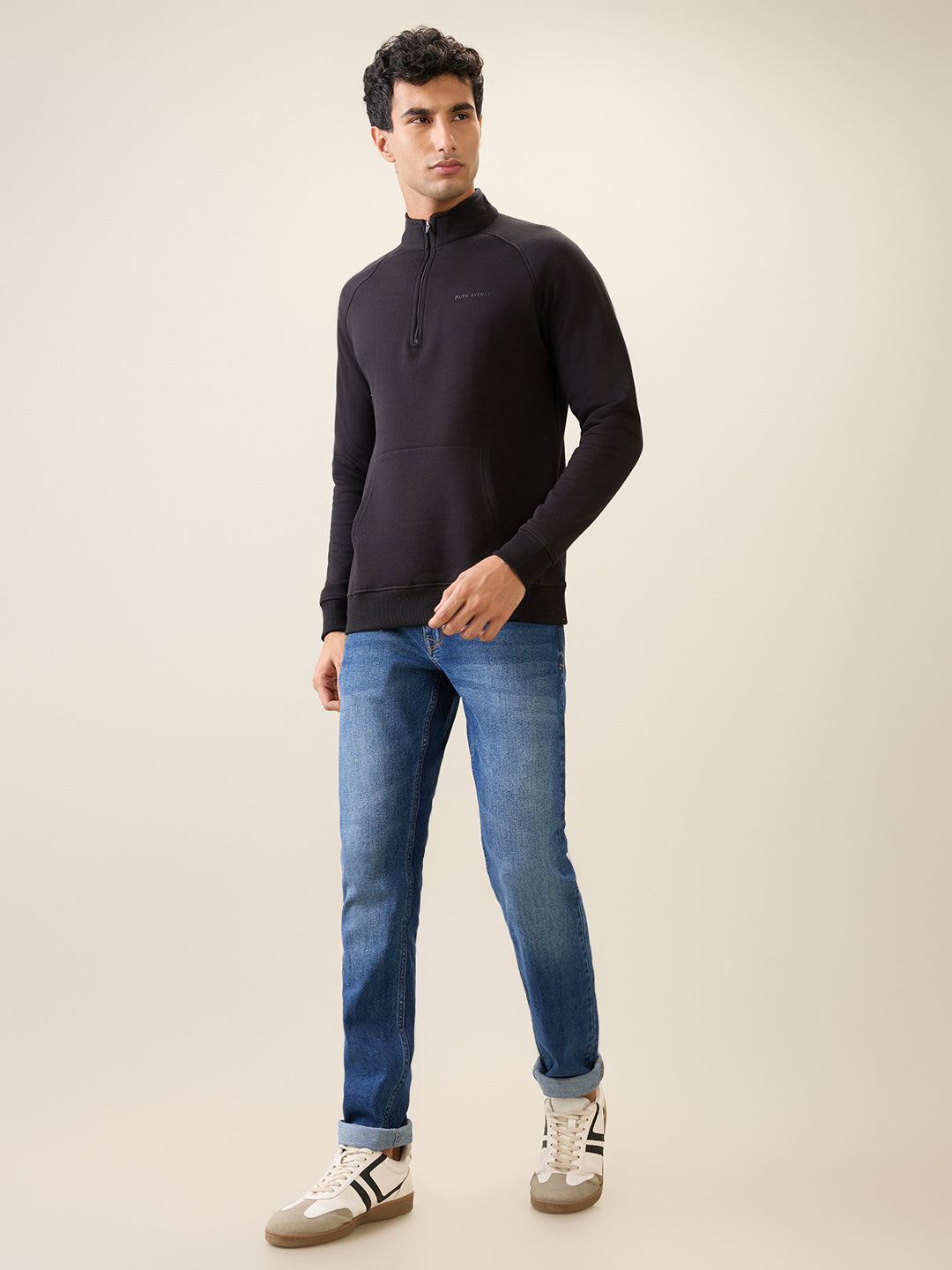 Park Avenue Men Black Solid Slim Fit Cotton Blend Full Sleeve Sweatshirt
