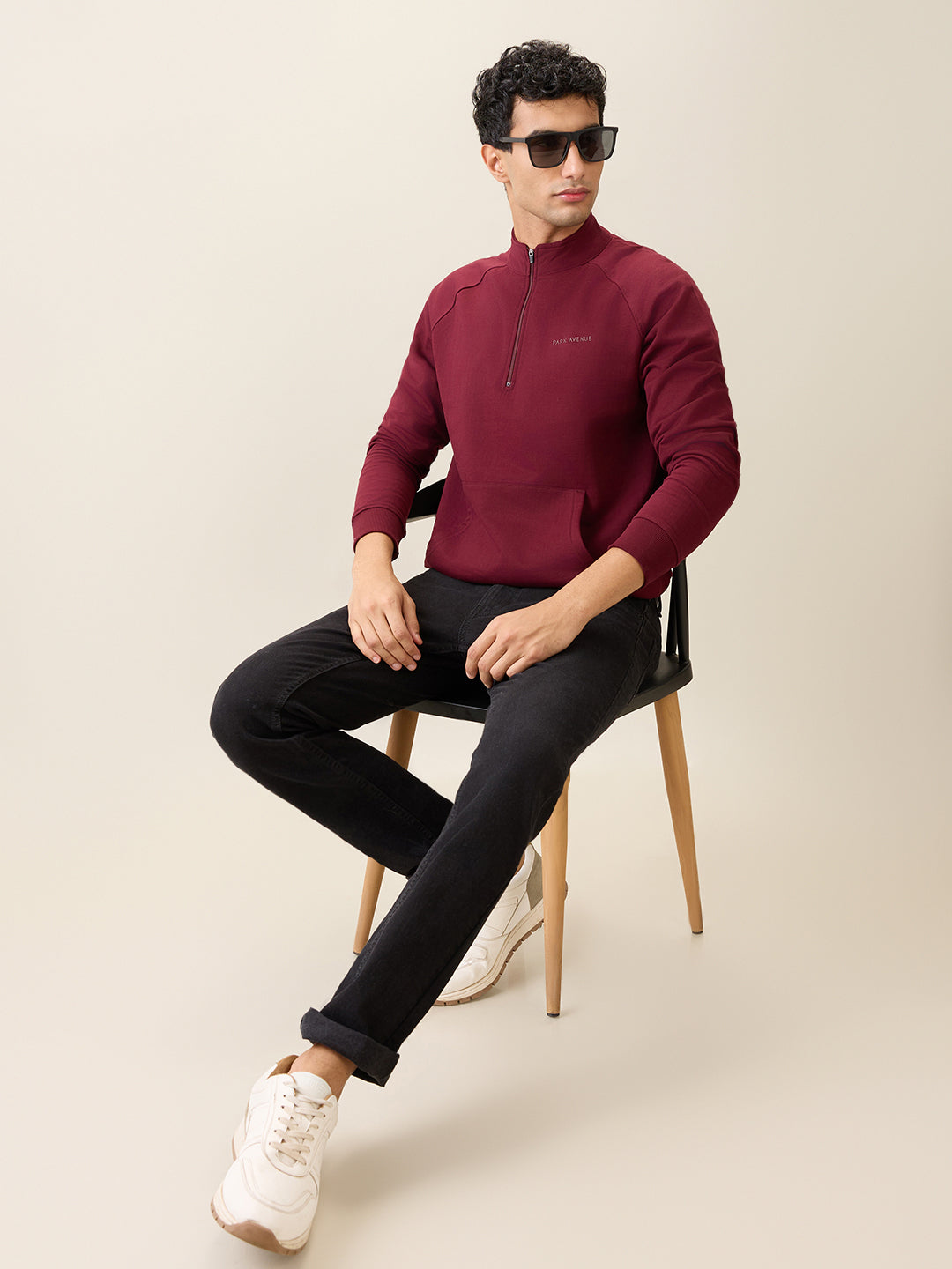 Park Avenue Men Red Solid Slim Fit Cotton Blend Full Sleeve Sweatshirt