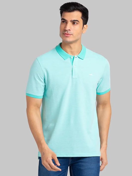 Men Green Slim Fit Two Tone Cotton Polyester Blend Round Neck Collar Polo T-Shirt