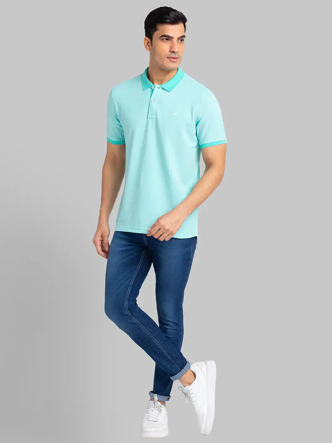 Men Green Slim Fit Two Tone Cotton Polyester Blend Round Neck Collar Polo T-Shirt