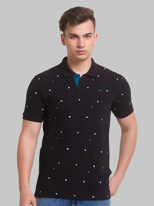 Men Black Slim Fit Print Cotton Round Neck Collar Polo T-Shirt