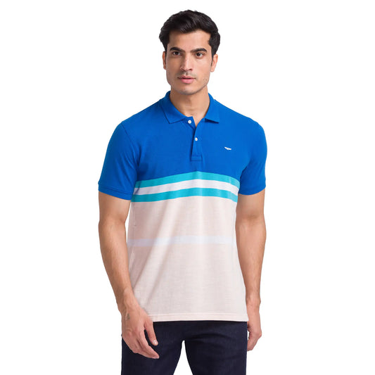 Men Petrol Slim Fit Stripe Cotton Polyester Blend Round Neck Collar Polo T-Shirt
