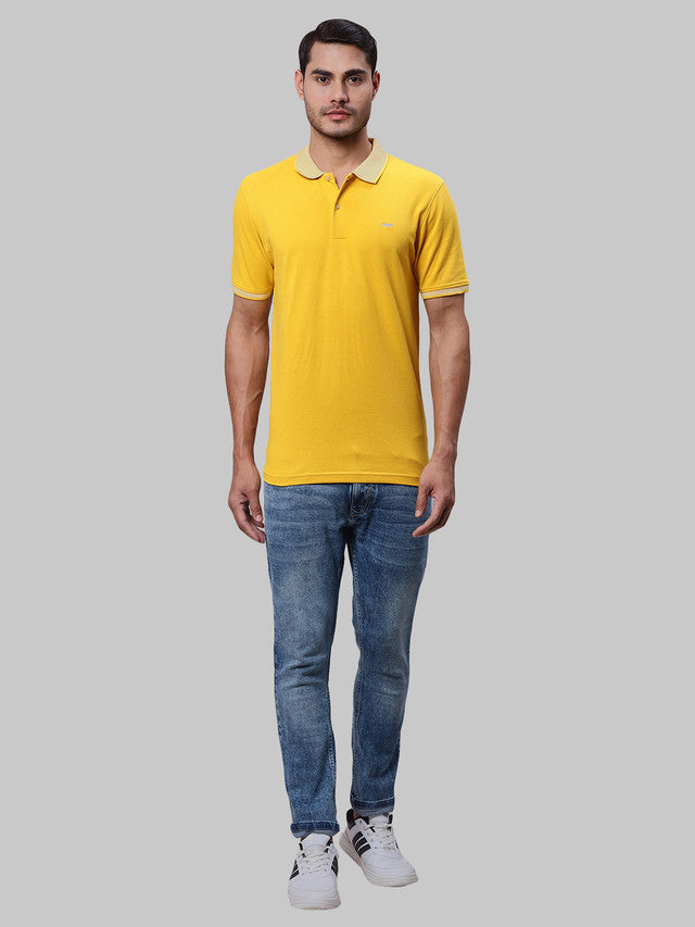 Park Avenue Men Yellow Solid Slim Fit Cotton Blend T-Shirt