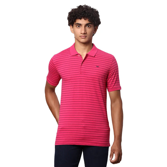Men Red Slim Fit Print Cotton Polyester Blend Round Neck Collar Polo T-Shirt