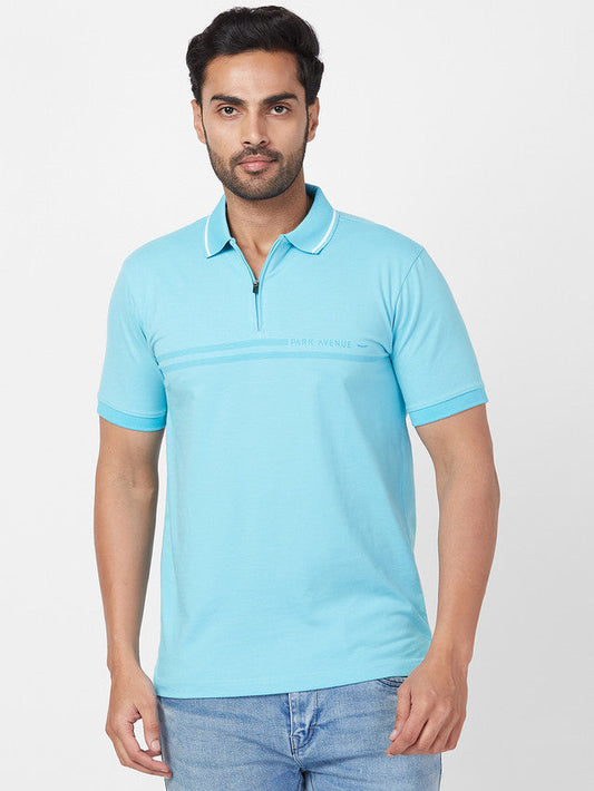 Park Avenue Blue Printed Slim Fit Cotton Blend T-Shirt