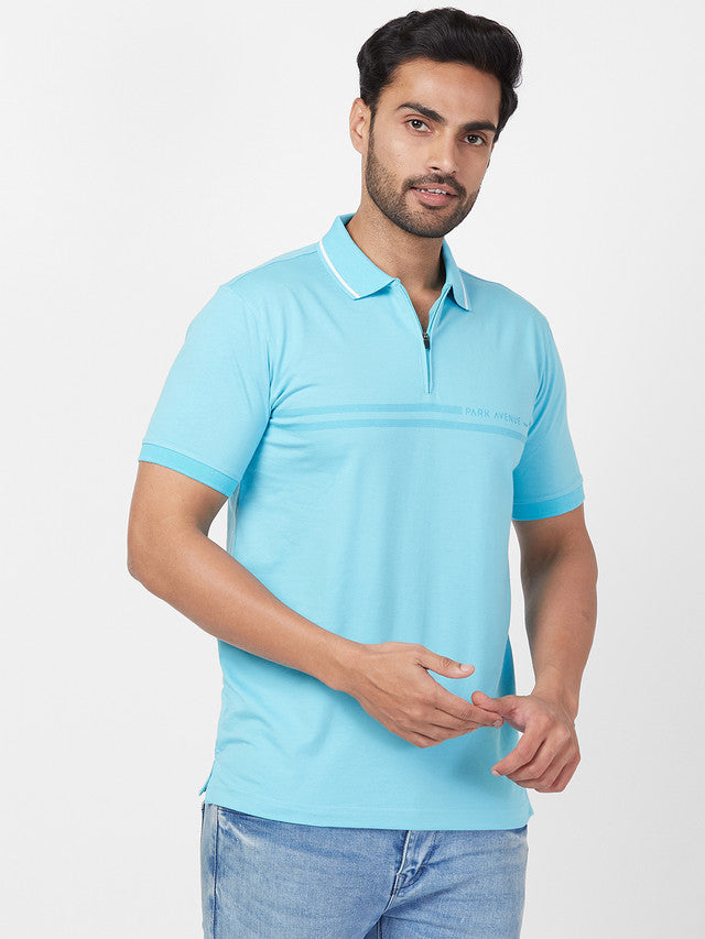Park Avenue Blue Printed Slim Fit Cotton Blend T-Shirt