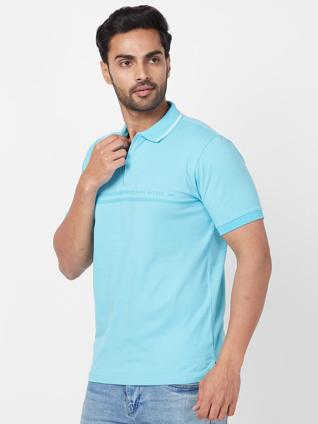 Park Avenue Blue Printed Slim Fit Cotton Blend T-Shirt