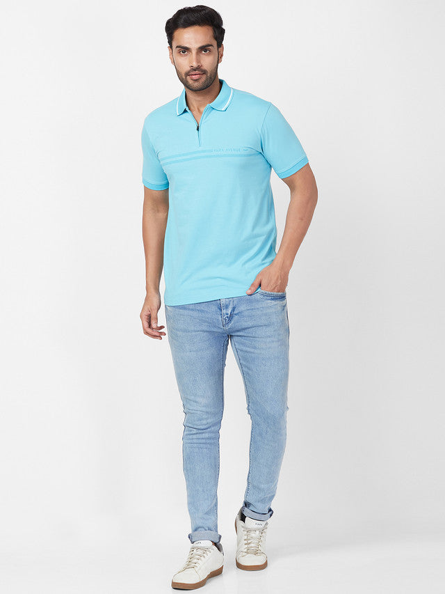 Park Avenue Blue Printed Slim Fit Cotton Blend T-Shirt