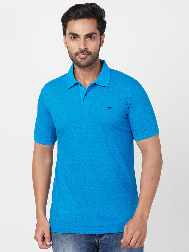 Park Avenue Men Blue Printed Slim Fit Half Sleeve Polo Neck T-Shirt