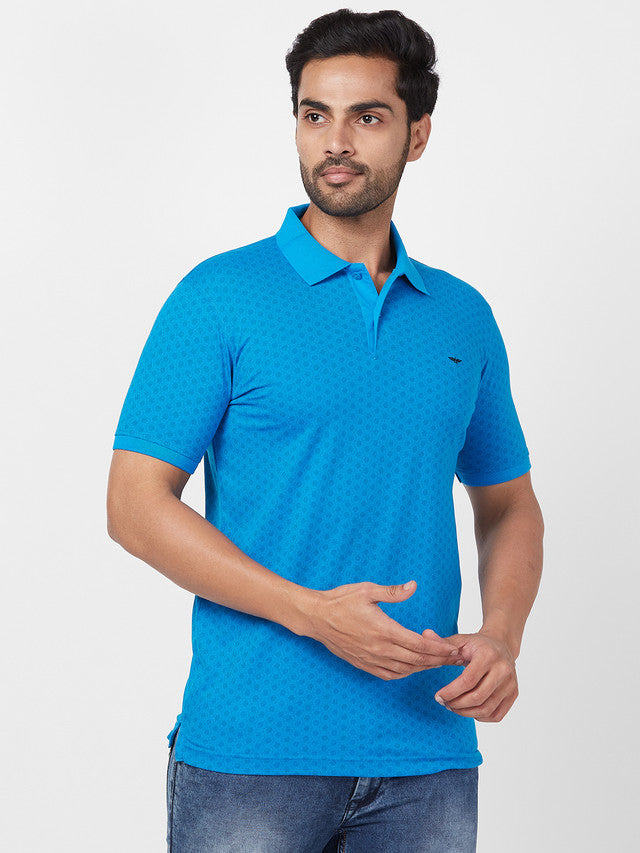Park Avenue Men Blue Printed Slim Fit Half Sleeve Polo Neck T-Shirt