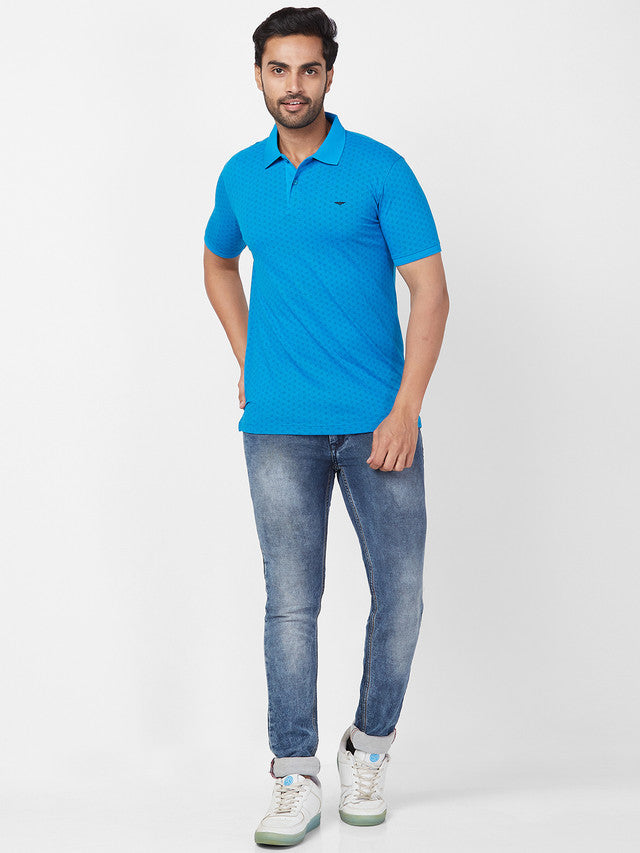 Park Avenue Men Blue Printed Slim Fit Half Sleeve Polo Neck T-Shirt
