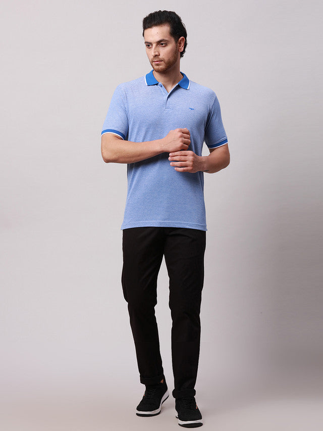 Park Avenue Blue Two Tone Slim Fit Half Sleeve Cotton Blend T-Shirt