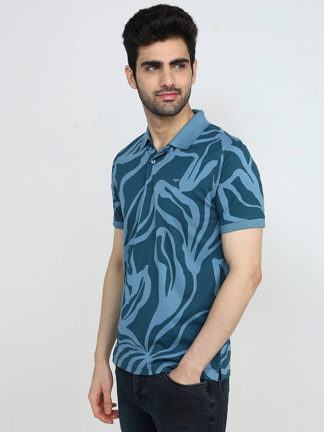 Park Avenue Men Blue Printed Slim Fit Cotton Blend Half Sleeve T-Shirt