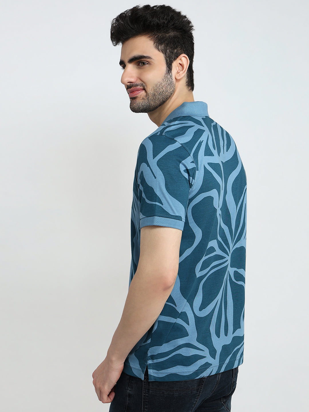 Park Avenue Men Blue Printed Slim Fit Cotton Blend Half Sleeve T-Shirt