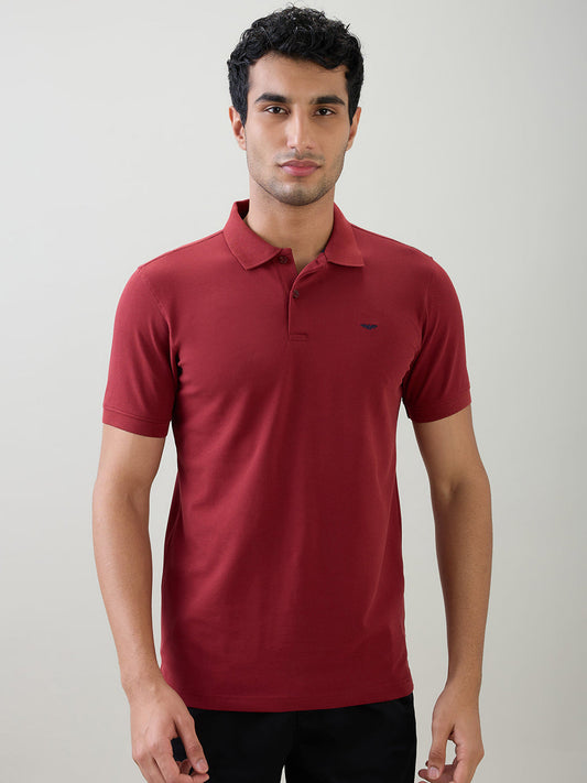 Park Avenue Men Red Solid Slim Fit Cotton Blend Half Sleeve T-Shirt