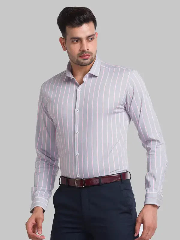 Park Avenue Men Grey Striped Slim Fit Cotton Blend Casual Shirt