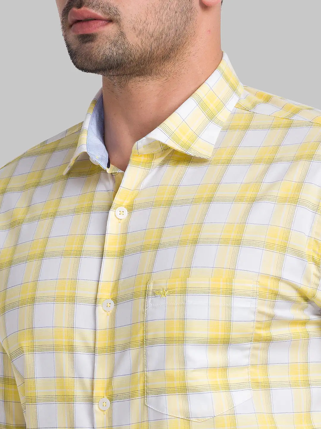 Men Yellow Slim Fit Checks Cotton Blend Cut Away Collar Shirts