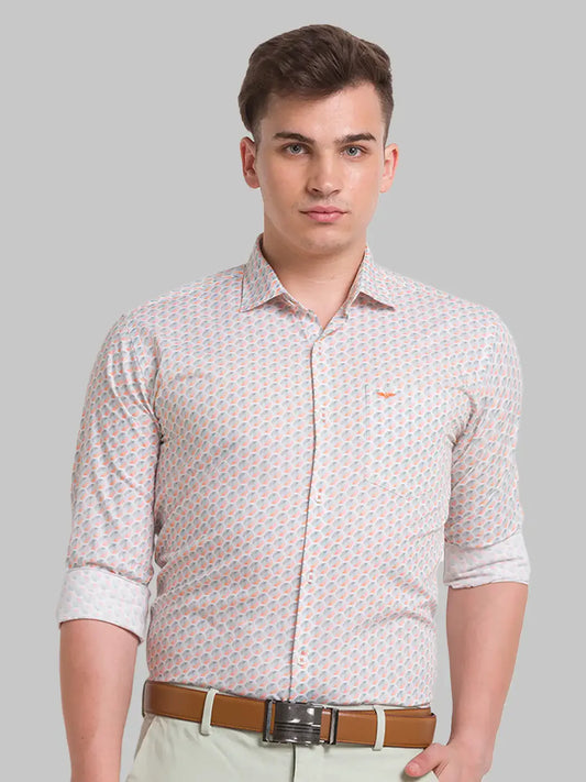 Men Orange Slim Fit Print Cotton Shirts