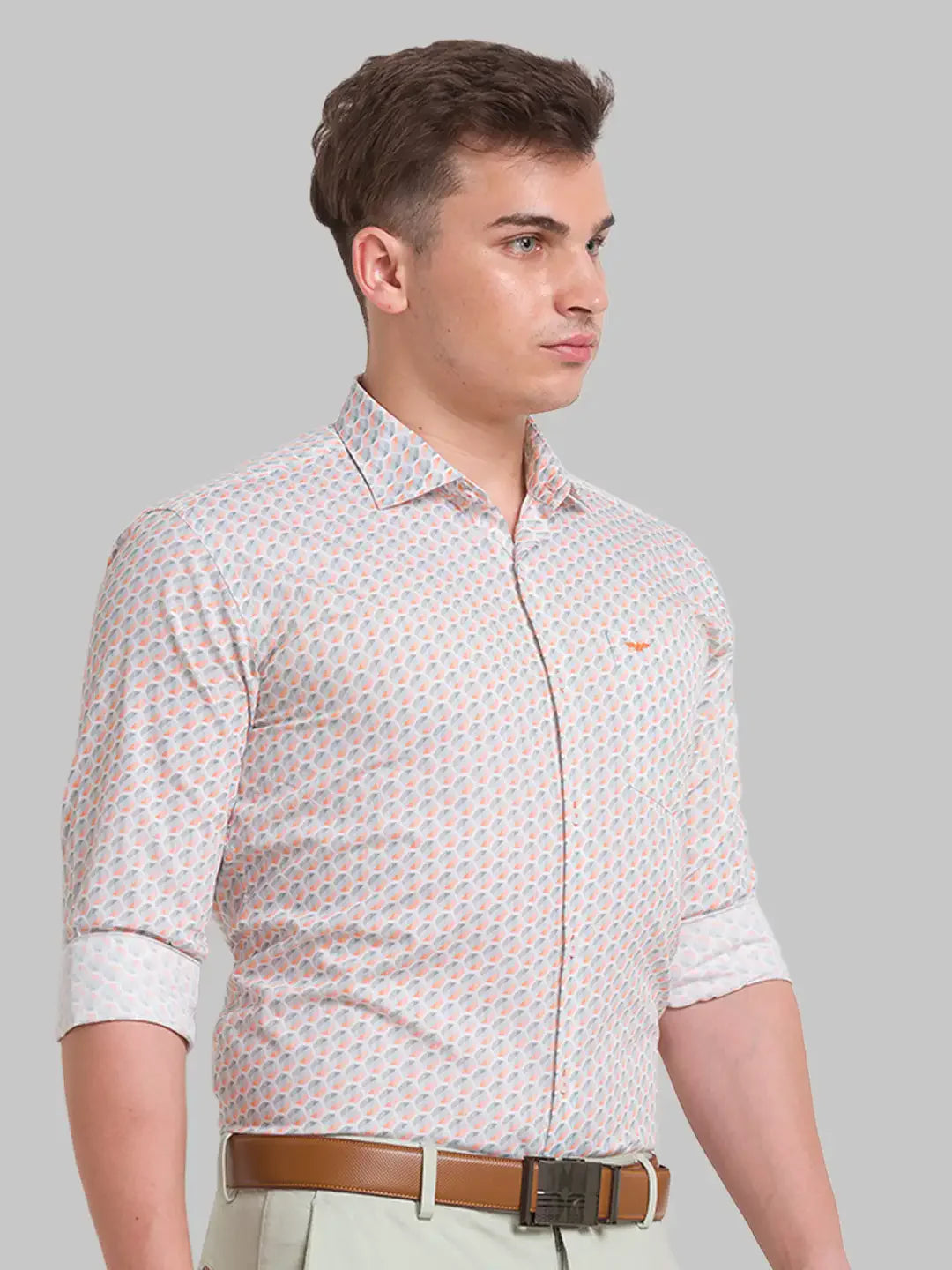 Men Orange Slim Fit Print Cotton Shirts