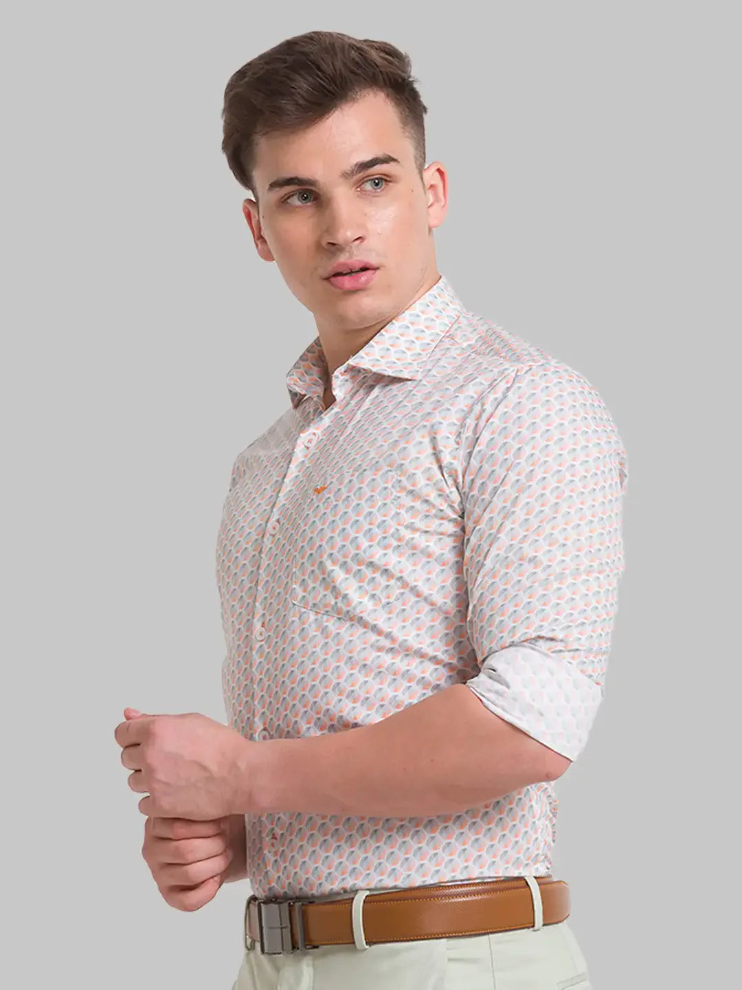 Men Orange Slim Fit Print Cotton Shirts