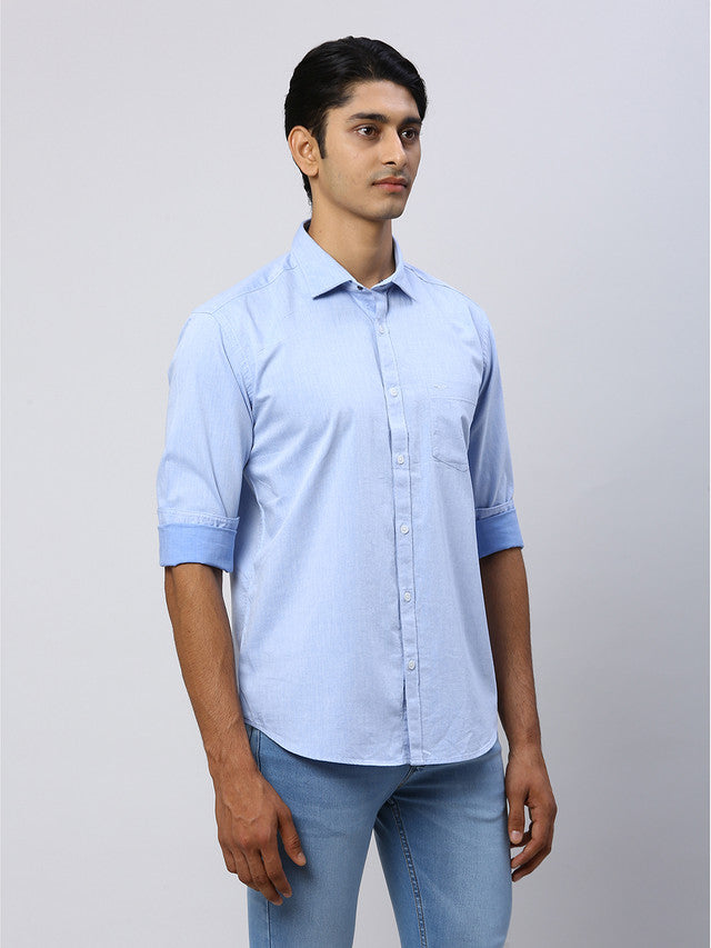 Park Avenue Men Blue Solid Slim Fit Full Sleeve Cut Away Collar Shirt