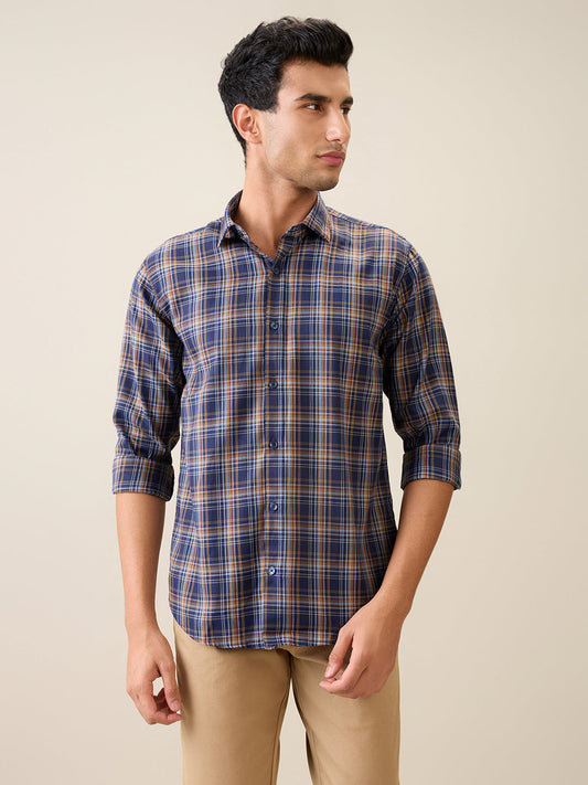 Park Avenue Men Blue Checks Slim Fit Polyester Blend Casual Shirt