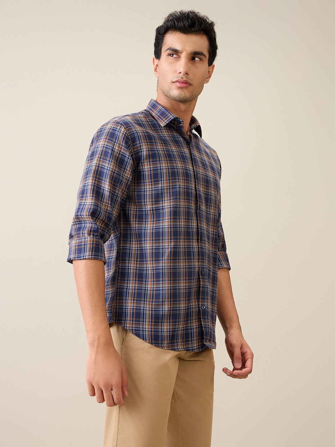 Park Avenue Men Blue Checks Slim Fit Polyester Blend Casual Shirt