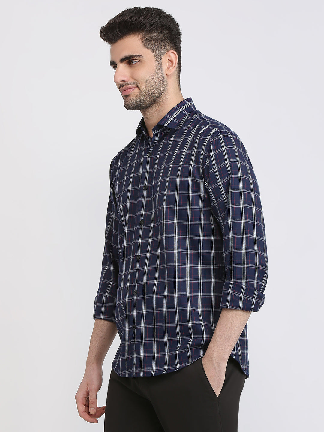 Park Avenue Men Blue Checks Slim Fit Polyester Blend Casual Shirt