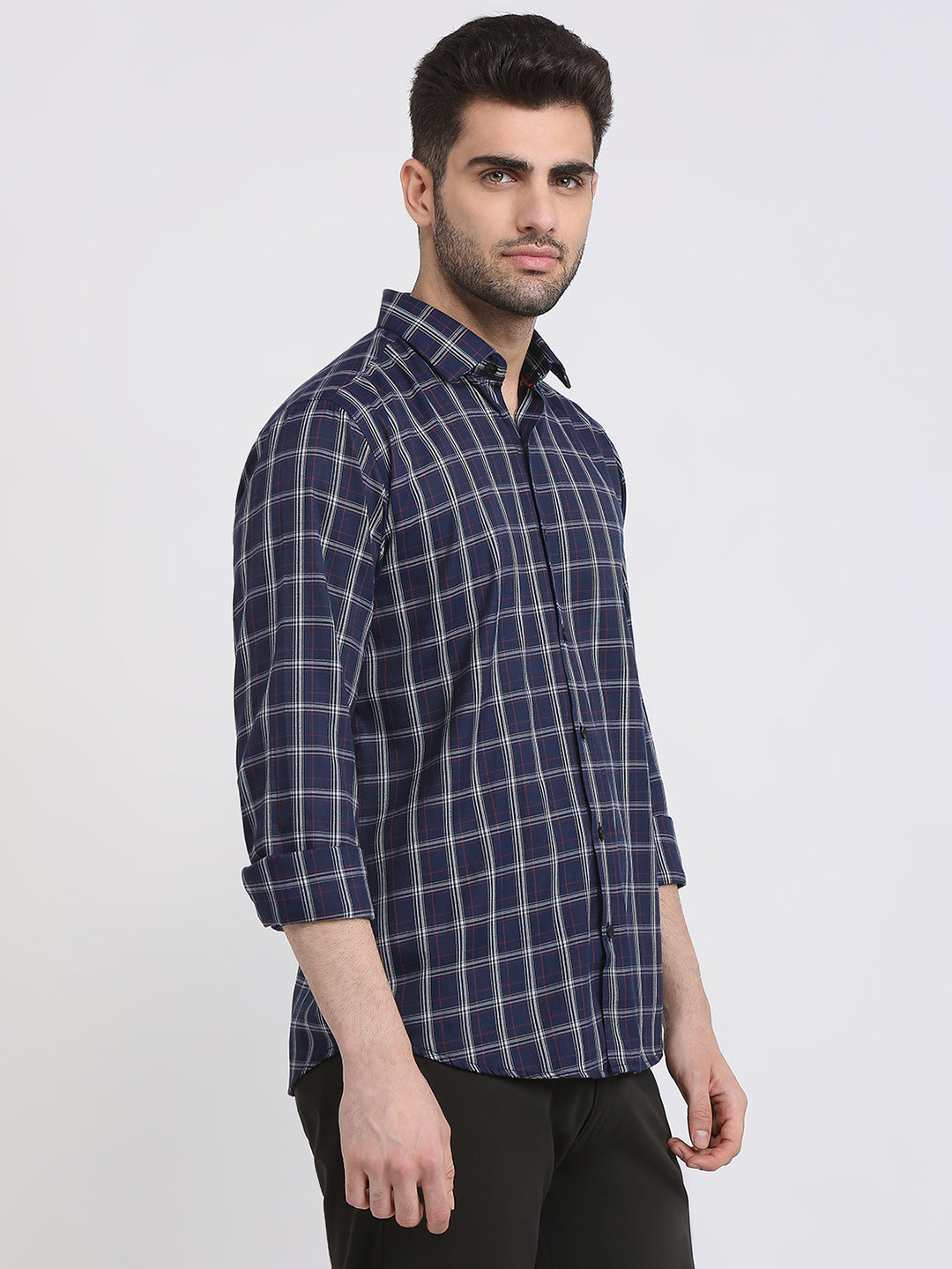 Park Avenue Men Blue Checks Slim Fit Polyester Blend Casual Shirt