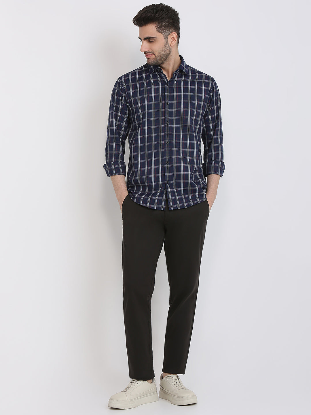 Park Avenue Men Blue Checks Slim Fit Polyester Blend Casual Shirt