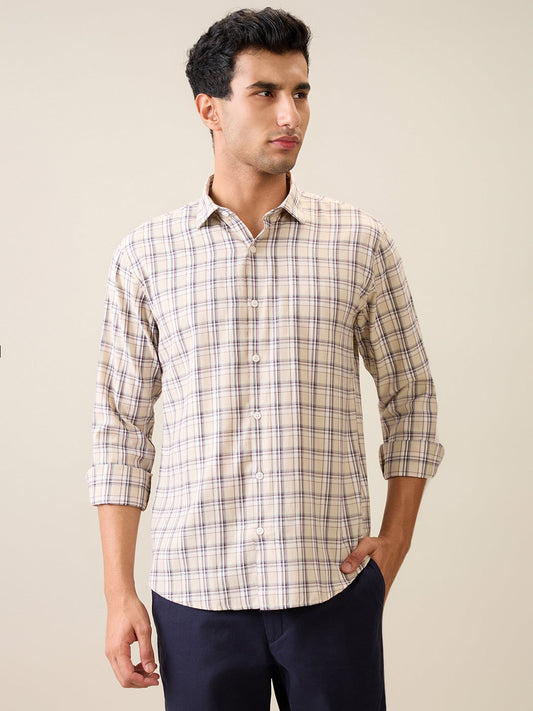 Park Avenue Men Brown Checks Slim Fit Polyester Blend Casual Shirt