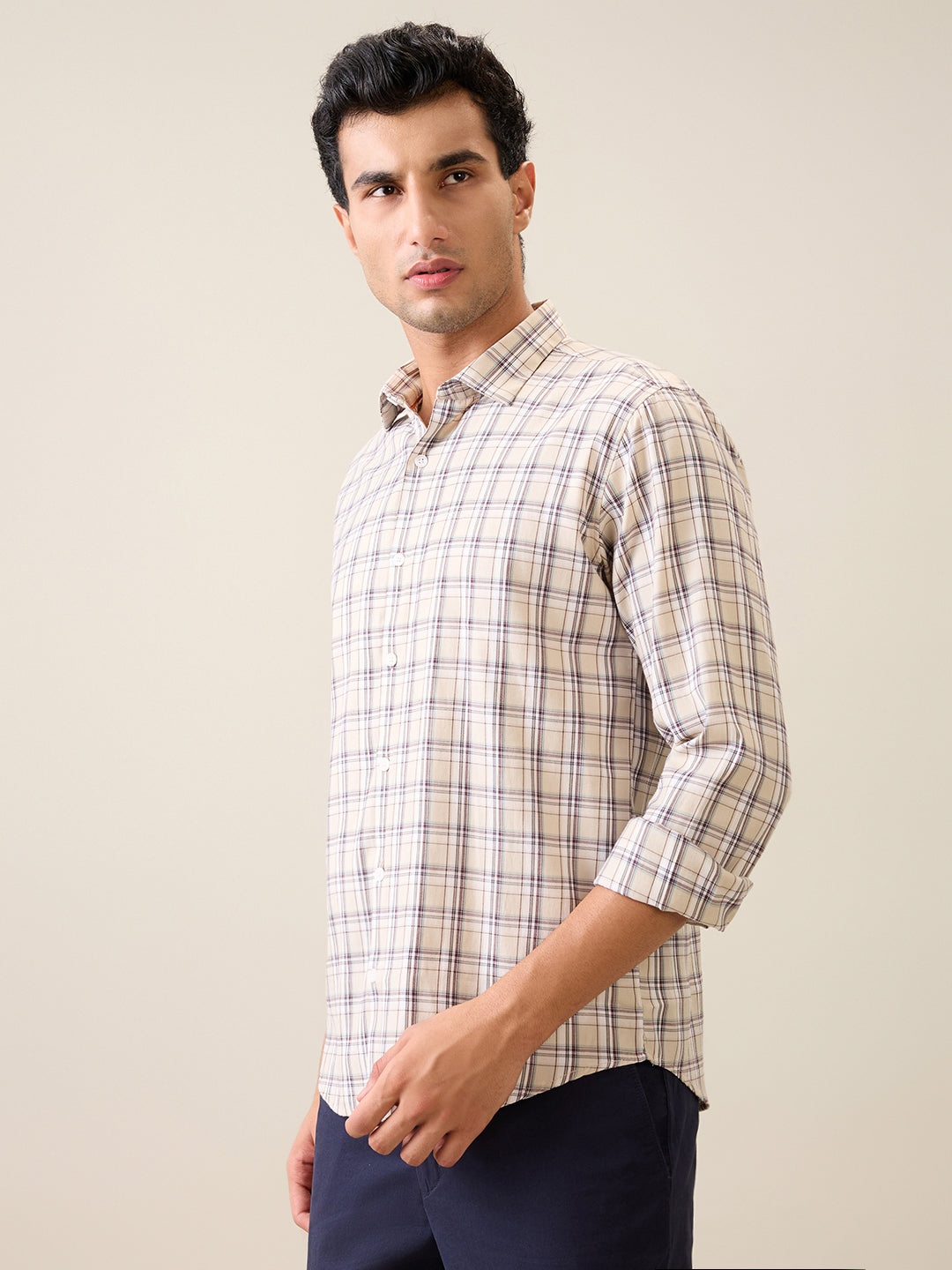 Park Avenue Men Brown Checks Slim Fit Polyester Blend Casual Shirt