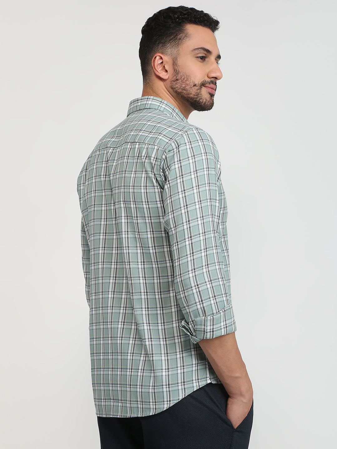 Park Avenue Men Green Checks Slim Fit Polyester Blend Casual Shirt
